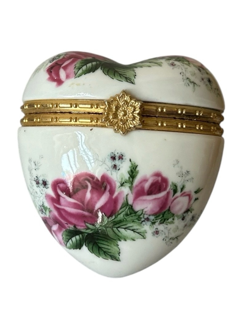 Vintage Floral Heart Shaped Porcelain Trinket Box